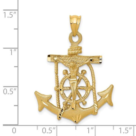14k Yellow Gold Satin & Diamond-Cut Mariners Cross Pendant, 25 x 36mm